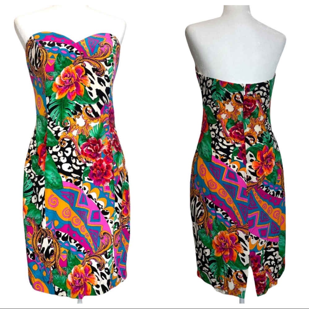 vintage y2k strapless silk party dress bright colors pink blue green black 6 / 8